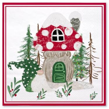 Imagem de WRAPAHOLIC 50 guardanapos de papel de gnomos de cogumelo de Natal - Guardanapo de coquetel descartável de 3 camadas para artigos de festa de Natal, utensílios de mesa, toalhas decorativas de festa de
