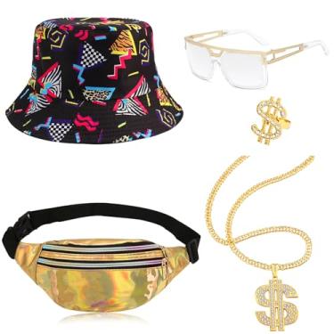 Imagem de Arogheiz Hip Hop Costume Kit 80s 90s Bucket Hat Waist Bag Dollar Chain Ring Sunglasses Rapper Accessories Set (Black/Gold Set)