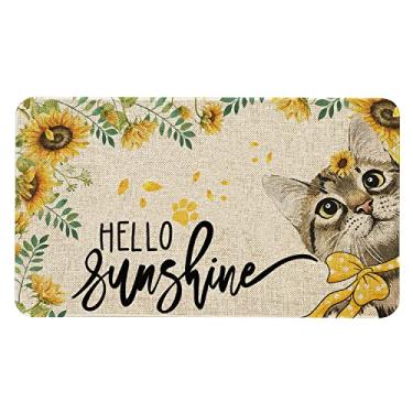 Imagem de Roszwtit Tapete de porta de verão 76 x 43 centímetros Hello Sunshine Cat Capacho de gato para entrada interna e externa com girassol antiderrapante primavera verão decoração tapetes de borracha de boas-vindas