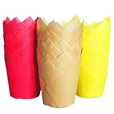 Imagem de QLSmypkg Forros grandes de papel à prova de gordura para muffin, forros de cupcake, 6 cm x 10 cm, natural, vermelho, amarelo, 3 cores em uma caixa, porta-copos de tulipa 125 peças (grande) (125,