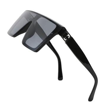 Imagem de FEISEDY Óculos de sol grandes planos, quadrados, armação grossa estilo aviador, homem e mulher, B4021, Armação preta brilhante e lente cinza, 58mm