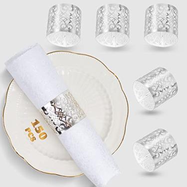 Imagem de NPKRRSK 150Pcs Premium Napkin Rings Laser Cut Foil Paper Napkin Holder para Festa de Casamento, Jantar, Decoração de Mesa, Eventos Especiais e Serviços de Buffet (Prata)