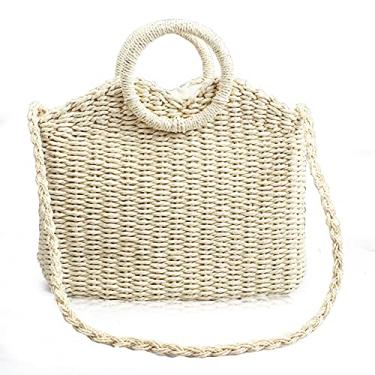 Imagem de QTKJ Bolsas quadradas de palha de vime tecidas à mão, bolsa feminina boho de cor pura, bolsa de ombro, bolsa transversal, bolsas de praia com alça redonda (bege), bege, cáqui, 13.77''x 3.74''x