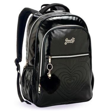 Imagem de Mochila De Costas Love Just Coração Com Pompom E Chaveiro Denlex Preto