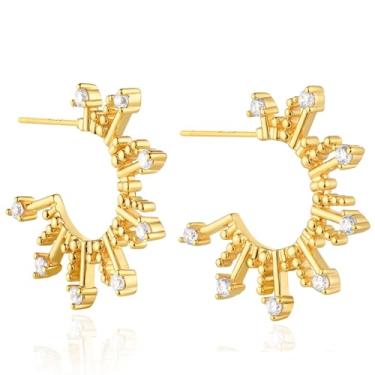 Imagem de BENEIGE Brincos de argola femininos de argola aberta em forma de C banhado a ouro 14 K Boho praia simples delicado feito à mão hipoalergênico diário joias, Latão, Zircônia cúbica