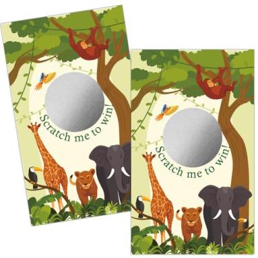 Imagem de Haizct Pacote com 50 raspadinhas tema zoológico, elefante girafa leão macaco raspadinha para festa de aniversário, jogo de loteria, jogo de chá de bebê animais da floresta, tema neutro para meninos e