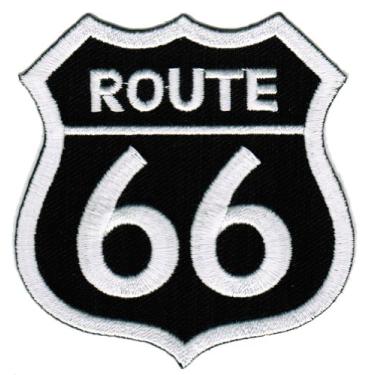Imagem de Emblema de motociclista Route 66 bordado preto com placa de estrada a ferro