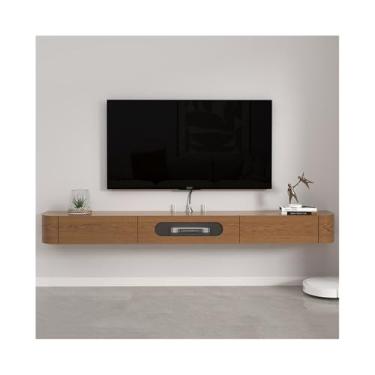 Imagem de Armário de TV Suporte de TV flutuante moderno para parede para TVs, economize espaço, armário de TV flutuante de madeira de borracha de 63,0/70,8/78,7" com 1 porta basculante e 2 gavetas Armário de mí