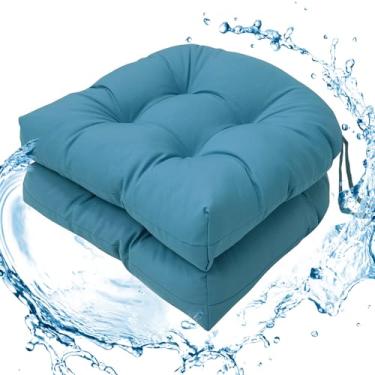Imagem de Wadser Almofadas de cadeira para ambientes externos/internos, almofadas de assento de pátio com tufos azuis, canto redondo, 2 unidades de almofadas impermeáveis para cadeira com laços, 48 cm x 48 cm x
