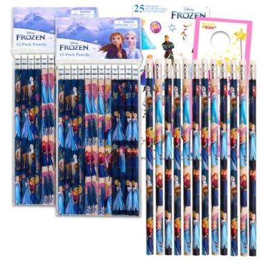 Imagem de Disney Pacote de material escolar Frozen com 2 lápis – 24 lápis Frozen com Anna e Elsa com adesivos Frozen e mais (lembrancinhas de festa congeladas)