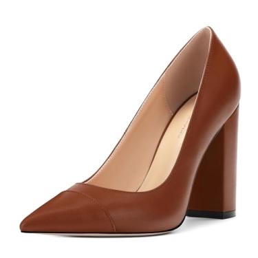 Imagem de CDXJHYMY Sapatos femininos de salto alto de bico fino para mulheres, sapatos femininos para local de trabalho, rua e banquete. 9,9 cm, Marrom fosco, 38