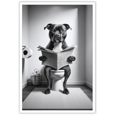 Imagem de Pôster preto Staffordshire bull terrier engraçado animal decoração cachorro engraçado no vaso sanitário leitura jornal banheiro impressão terrier no banheiro arte cachorro para banheiro toliet 30 x 40