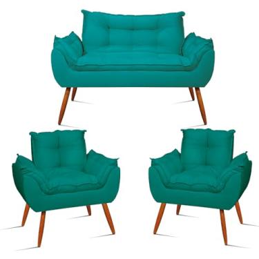 Imagem de KIT Sofá Namoradeira Opala + 2 Poltronas Opala Balaqui Decor Azul Turquesa