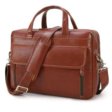 Imagem de Masa Kawa Maleta de couro masculina de 39.6 cm - 43.2 cm, bolsa de ombro transversal para laptop e viagem de negócios, Tan-serve para laptop de 15,6 polegadas, Medium-Fits 15.6" Laptop, Pasta para