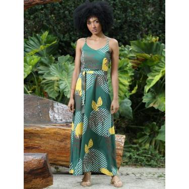 Imagem de Vestido Feminino com Estampa de Folha com Alça e Faixa na Cintura Desi