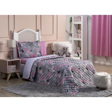 Imagem de Kit Quarto Infantil Solteiro 5 Peças Menina Colcha Cobre Leito + Jogo de Lençol 2p + Cortina 2m Borboleta Cinza e Rosa