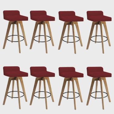 Imagem de Kit 08 Banqueta Alta Com Encosto Giratória Rute Madeira Balcão Bistrô Cozinha Suede Vermelho - Ahz Móveis