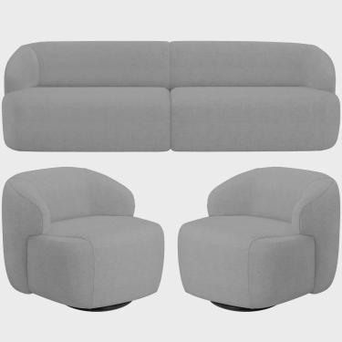 Imagem de Sofá 3 Lugares Curvo Orgânico com 02 Poltronas Para Sala Living 220cm Barolo L06 Linho Cinza Escuro - Lyam Decor