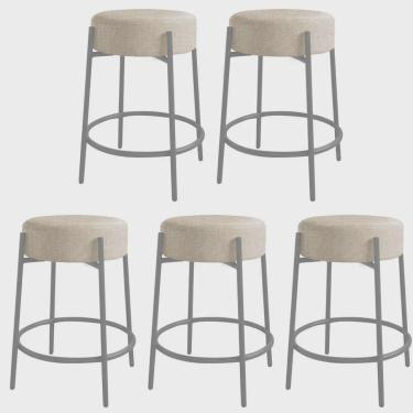 Imagem de Kit 05 Banquetas Alta Sintra 65cm Redonda Ferro Prata Linho Cru - Ahazzo Móveis