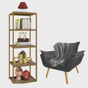 Imagem de Kit Poltrona Fatte com Manta Soft Cinza e Estante Livreiro Ferro Dourado mdf Rústico Su...