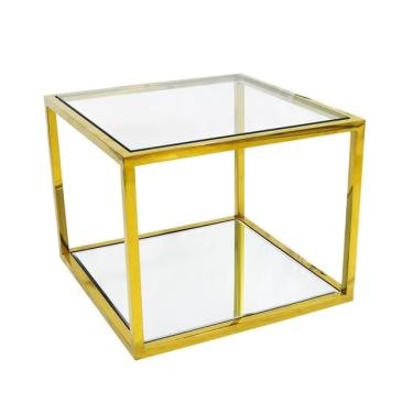 Imagem de Mesa Lateral Quadrado Metal Dourado Tampo Vidro Luxo
