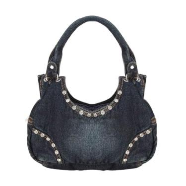 Imagem de GJHFCXSO Bolsa Jeans Estética Feminina Y2k Bolsa de Ombro Estilo Hobo com Strass Bolsa Transversal Jeans Lavada,Dark blue