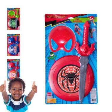 Imagem de Kit Fantasia Infantil Espada Escudo e Máscara Heróis Homem-aranha Capi