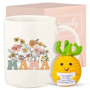 Imagem de Presentes de aniversário para mãe do dia das mães para mamãe, xícara de café de 325 ml, batata positiva engraçada, boneca de lã tricotada de 7,6 cm com cartão positivo para presentes de alegria e