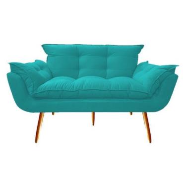 Imagem de Namoradeira Decorativa Opala Suede Azul Turquesa 2 Lugares Pés Madeira