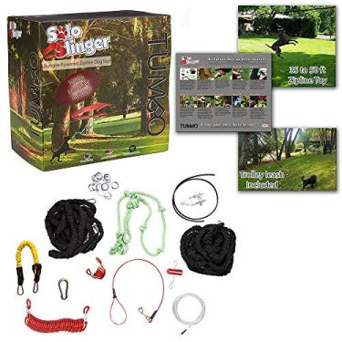Imagem de Tumbo Solo Slinger Brinquedo para cães de tirolesa resistente para pendurar ao ar livre de 15 m (usa força elástica para puxar o brinquedo de corda para ir e voltar para o centro) com nosso sistema de carrinho de 15 m incluído
