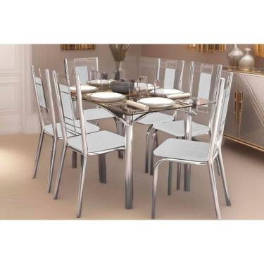 Imagem de Kit 6 Cadeiras Sala Jantar Elba c/ Tampo de Vidro 80x150cm e 6 Cadeiras Florença Cromada - Courano Branco - Kappesberg