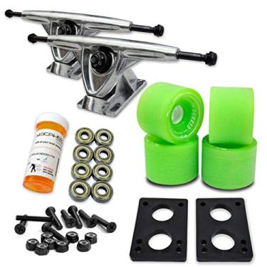 Imagem de Yocaher Conjunto de caminhões de skate Longboard, rodas de 71 mm + 180 mm de alumínio resistente, caminhões polidos, rolamentos, riser e pacote de ferragens Longboard (roda verde neon sólida e