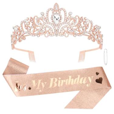 Imagem de CURASA Faixa e coroa de aniversário de ouro rosa para mulheres, meninas, faixas de tiaras de aniversário de princesas para festas e celebrações