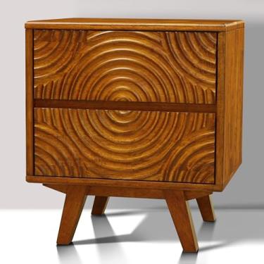 Imagem de Mesa de cabeceira Acacia Harmony de madeira maciça com 2 gavetas – Mesa de cabeceira moderna de meados do século com frente esculpida, acabamento caramelo vintage, mesa de canto para quarto ou sala de