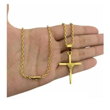 Imagem de Cordão Cadeado 2Mm + Pingente Crucifixo Banhado A A Ouro