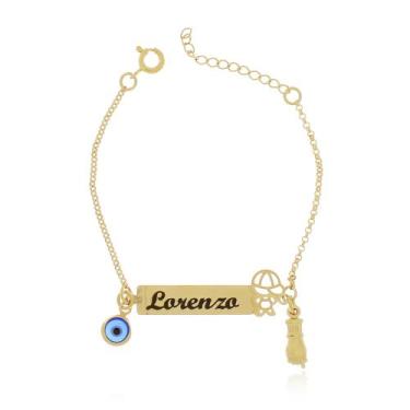 Imagem de Pulseira Infantil com Figa e Nome Menino Banho Ouro - Gabby Luxo