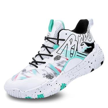 Imagem de Tênis de basquete masculino de cano alto com suporte de amortecimento de malha respirável e sola antiderrapante(White-green,43 BR)