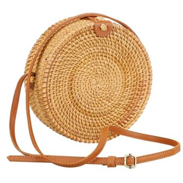 Imagem de Hossejoy Bolsa feminina redonda de vime tecida à mão, alça de ombro de couro ajustável, bolsa de praia de palha boho, leve e durável para viagens, casamento, férias