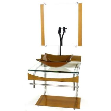 Imagem de Gabinete de vidro 40cm para banheiro curvado duplo inox cuba quadrada 