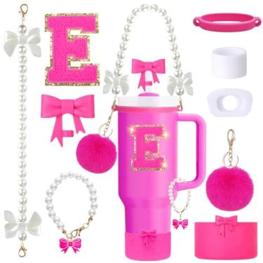 Imagem de Conjunto de acessórios de copo Stanley rosa de 9 peças para copo de 850 g 1,134 g com alça, inclui alça de pérola, toppers e bota de palha de laço, pingentes de decoração, adesivo de letra, tampas à