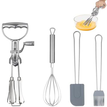 Imagem de Conjunto de batedor de ovos rotativo, batedor giratório manual com batedeira, escova de silicone e espátula, batedor manual de cabeça dupla, acessórios domésticos para assar
