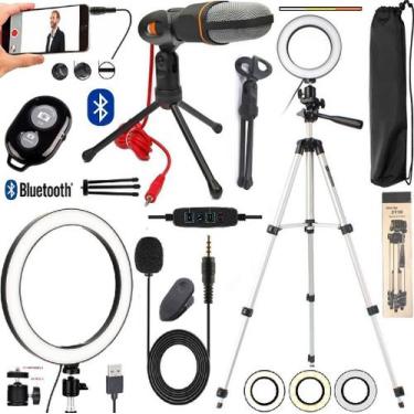 Imagem de Kit Youtuber Microfone Condensador + Tripé Profissional De Celular Luz