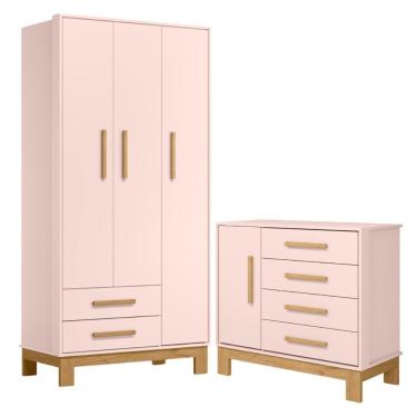 Imagem de Roupeiro Com 3 Portas E Cômoda Mlata Rosa Acetinado