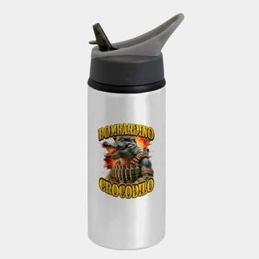 Imagem de Garrafa Squeeze Bico Prateada Premium 600ml - Brainrot Bombardino Crocodilo Funny Meme
