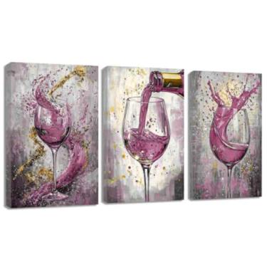 Imagem de QIXIANG Arte de parede de vinho 3 peças de pintura de taça de cozinha impressões em tela abstrata preto branco ouro vinho arte taverna decoração de parede (rosa, 28 L x 35 C x 3)