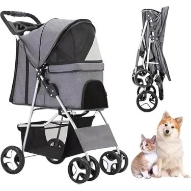 Imagem de Carrinho De Transporte Pet Cinza Dobrável Passeio Cães Gatos