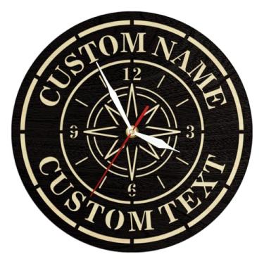 Imagem de Geek Alerts Relógio de parede de madeira personalizado com bússola rosa de 30,5 cm, relógio de madeira com dobradiça náutica personalizada com nome e data, rústico costeiro para casa, silencioso, sem