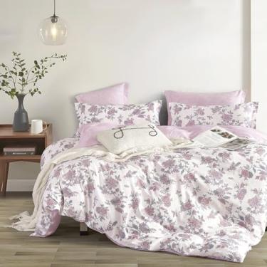 Imagem de LEMIROE Edredom King Size de algodão floral rosa 3 peças - botânico romântico vintage em branco macio com reverso floral rosa esfumaçado – Conjunto de edredom leve reversível aconchegante com