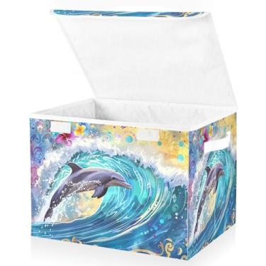 Imagem de senya Grandes caixas de armazenamento com cubos de armazenamento dobráveis de linho caixa organizadora de armário de tecido com tampa flip-top para casa, quarto, escritório, 42 x 32 x 30 cm (golfinho)