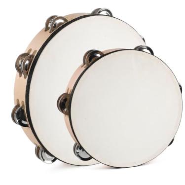 Imagem de LIEKE Tambor portátil de pele de cabra de 25 cm e 20 cm para crianças adultas com 8 pares de jingles de metal para música, sala de aula, dança, festa, igreja, jogos, adereços